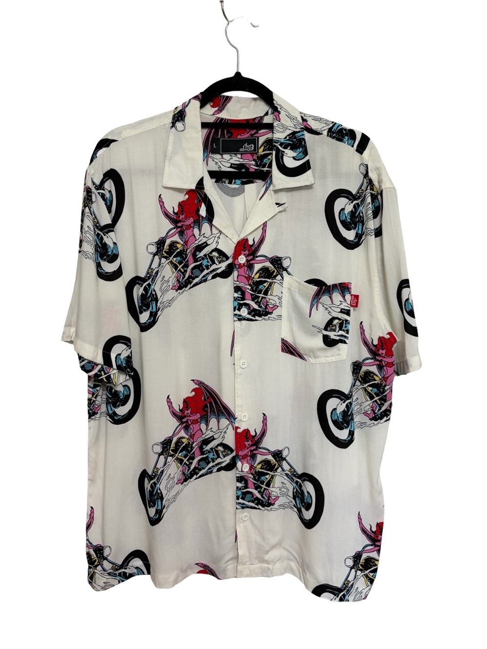 NEW Lost Enterprises Men’s Pinup Motorcycle Devil Girl Camp Shirt - Size L